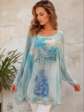 Save The Queen Italy Sheer Embellished Oversized Tunic Top Blue Small